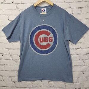 Chicago Cubs Majestic T-Shirt Blue Logo Graphic Tee Size Large Mens